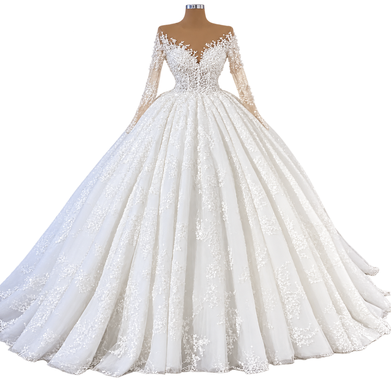 Lace Long-Sleeve Bridal Ball Gown
