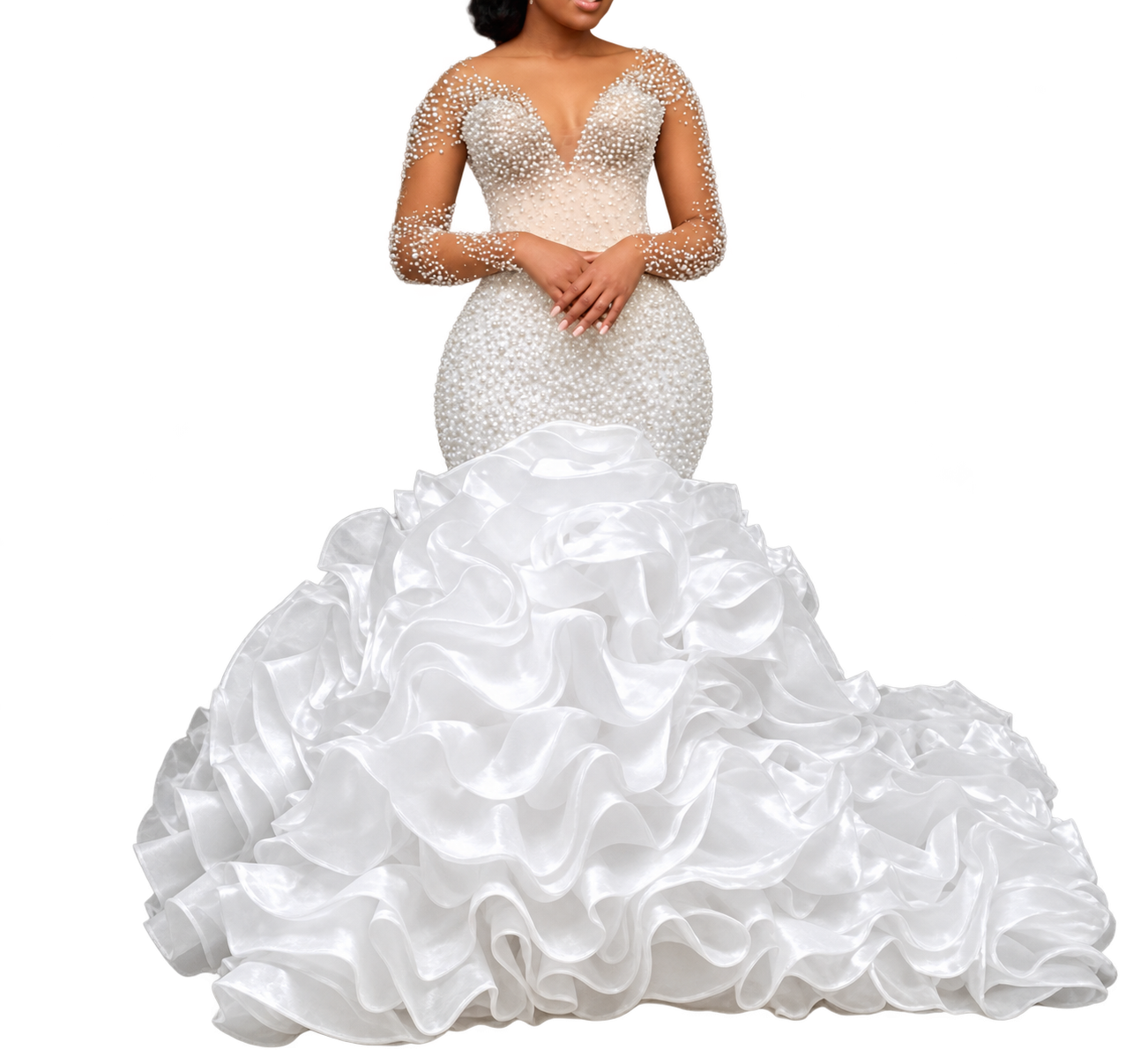 Beaded Ruffle-Train Wedding Gown